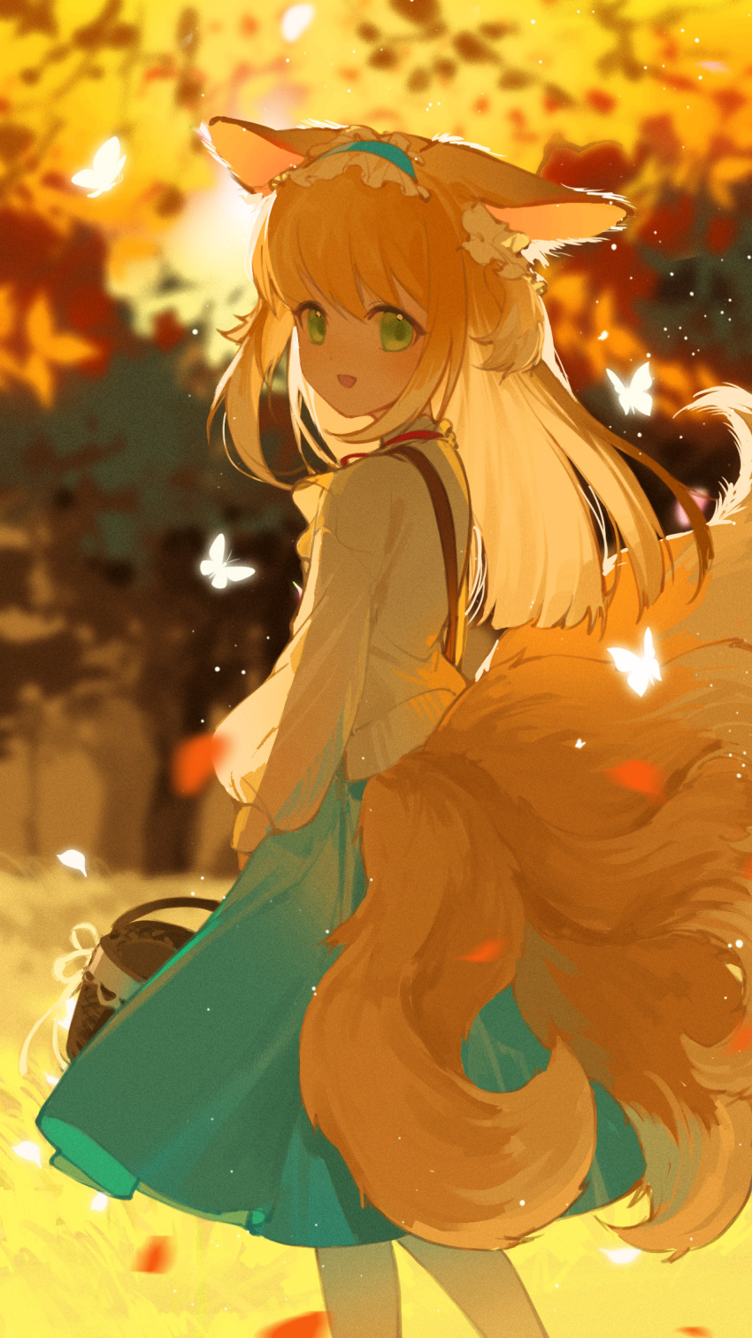 1girl :d animal_ears api_qwq arknights basket blonde_hair blue_hairband blue_skirt blurry blurry_background blush bug butterfly cardigan commentary cowboy_shot fox_ears fox_tail frilled_hairband frills from_side grass green_eyes hairband highres holding holding_basket long_hair long_sleeves looking_at_viewer looking_to_the_side multiple_tails official_alternate_costume open_mouth outdoors skirt smile solo suzuran_(arknights) suzuran_(spring_praise)_(arknights) tail tree white_butterfly white_cardigan
