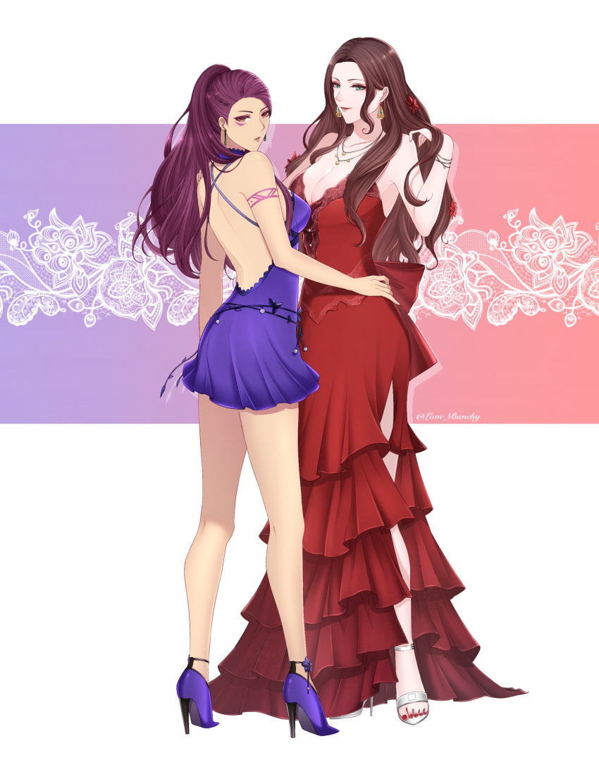 2girls absurdres aerith_gainsborough aerith_gainsborough_(cosplay) back_bow backless_dress backless_outfit bare_shoulders blue_dress blue_footwear bow bracelet breasts brown_eyes brown_hair cleavage cosplay dorothea_arnault dress earrings facial_mark final_fantasy final_fantasy_vii final_fantasy_vii_remake fire_emblem fire_emblem:_three_houses flamenco_dress flower full_body gold_necklace grey_eyes hair_flower hair_ornament hand_on_another's_hip high_heels highres jewelry large_breasts long_dress long_hair looking_at_viewer love_bunchy medium_breasts multiple_girls nail_polish necklace petra_macneary ponytail purple_hair red_dress red_flower red_nails short_dress side_slit sleeveless sleeveless_dress smile strapless strapless_dress tifa_lockhart tifa_lockhart_(cosplay) toenail_polish toenails twitter_username white_footwear