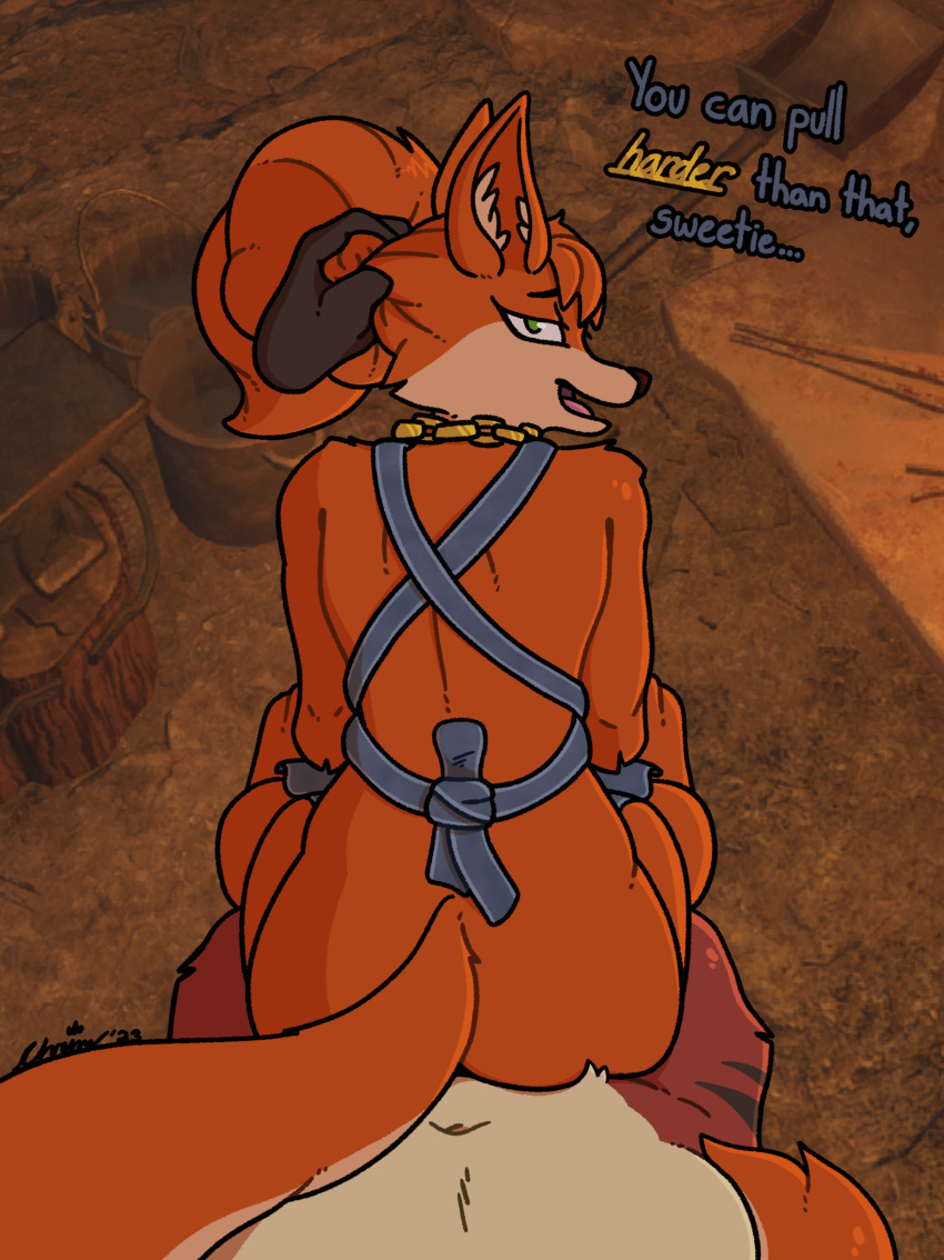 absurd_res anthro apron artist_(chrim) asterigos:_curse_of_the_stars bedroom_eyes canid canine clothing disembodied_hand duo female fox hair hi_res male male/female mammal narrowed_eyes pulling_hair seductive text touching_hair vulcane_(asterigos)