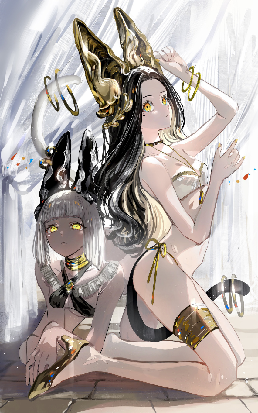 2girls absurdres all_fours animal_ears black_hair blonde_hair bob_cut bra breasts closed_mouth colored_inner_hair earrings emma_(nanaponi) facial_mark fingernails grey_hair hand_up highres jewelry kneeling leglet long_hair looking_at_viewer multicolored_hair multiple_girls nail_polish nanaponi necklace orange_eyes original panties sarah_(nanaponi) side-tie_panties sling_bikini_top small_breasts tail tail_ornament tail_ring underwear white_bra yellow_eyes yellow_nails