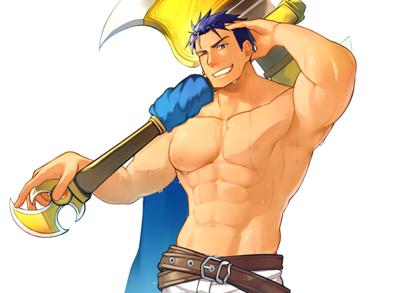 abs axe bara belt blue_eyes blue_hair fire_emblem fire_emblem:_the_blazing_blade hector_(fire_emblem) hidora_art highres holding holding_axe holding_weapon muscular muscular_male one_eye_closed pectorals smile sweat topless_male weapon white_background