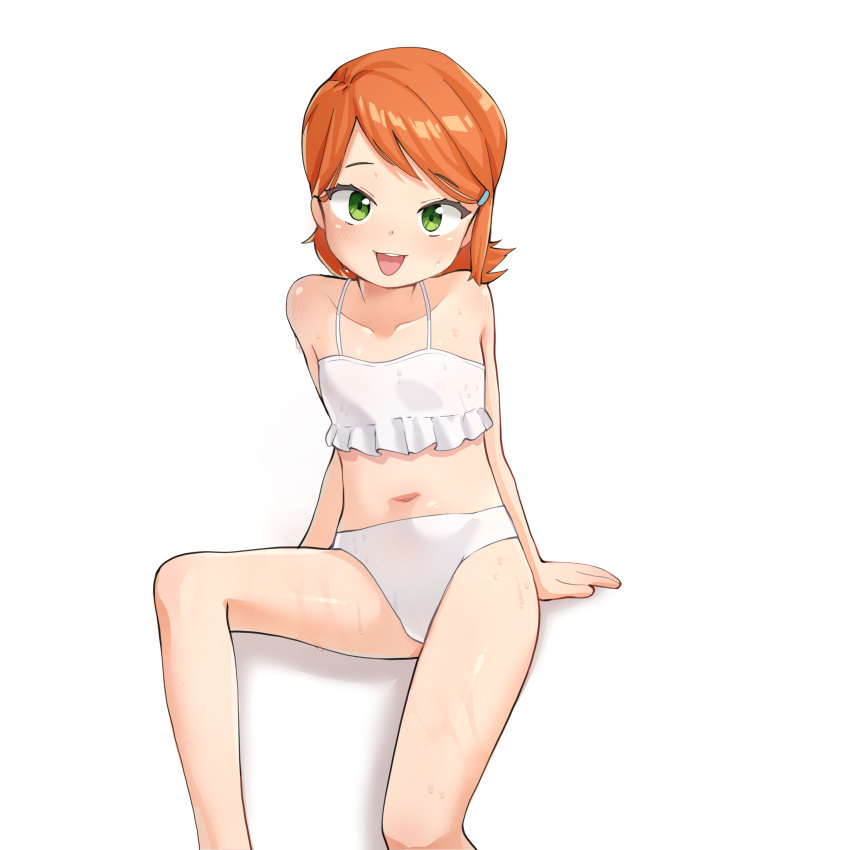 1girl :d absurdres bare_arms bare_legs bare_shoulders ben_10 bikini feet_out_of_frame frilled_bikini frills green_eyes gwendolyn_tennyson hair_ornament hairclip highres looking_at_viewer ludo0109 navel open_mouth orange_hair paid_reward_available short_hair simple_background sitting smile solo swimsuit wet white_background white_bikini