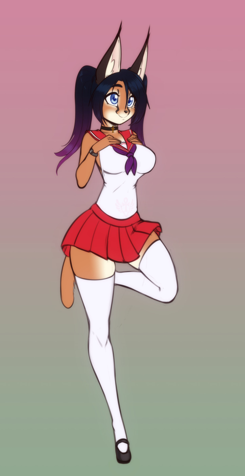 absurd_res anthro backless_clothing breasts caracal caracal_(genus) choker clothing felid feline female footwear hi_res jewelry legwear mammal necklace school_uniform scorpdk shoes socks solo thigh_highs thigh_socks uniform