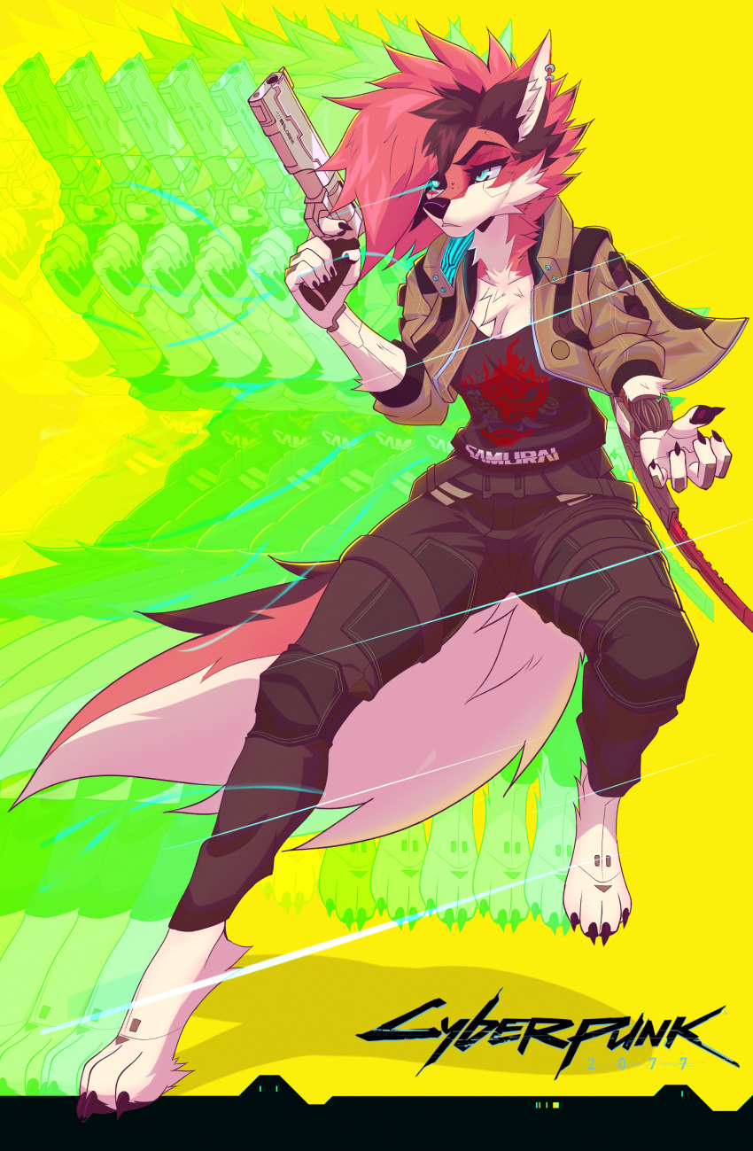 2022 5_fingers absurd_res anthro blue_eyes bottomwear canid canine cd_projekt_red clothing cyberpunk_2077 digital_media_(artwork) digitigrade emblem english_text female fingers fox fur gun hi_res jacket mammal multicolored_body multicolored_fur pants potatokamaos ranged_weapon solo text topwear weapon