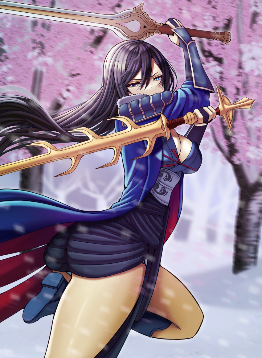 1girl absurdres alternate_costume alternate_hair_color armor ass bangs black_hair blue_eyes boots breasts butt_crack cherry_blossoms cleavage commission commissioner_upload cosplay dual_wielding falchion_(fire_emblem) fire_emblem fire_emblem_awakening fundoshi gloves hair_between_eyes high_heels highres holding japanese_clothes katana long_hair looking_at_viewer lucina_(fire_emblem) non-web_source outdoors panties pantyshot pelvic_curtain saikunartworks say'ri_(fire_emblem) say'ri_(fire_emblem)_(cosplay) seven-branched_sword side_slit snow solo sword thighs underwear weapon white_panties