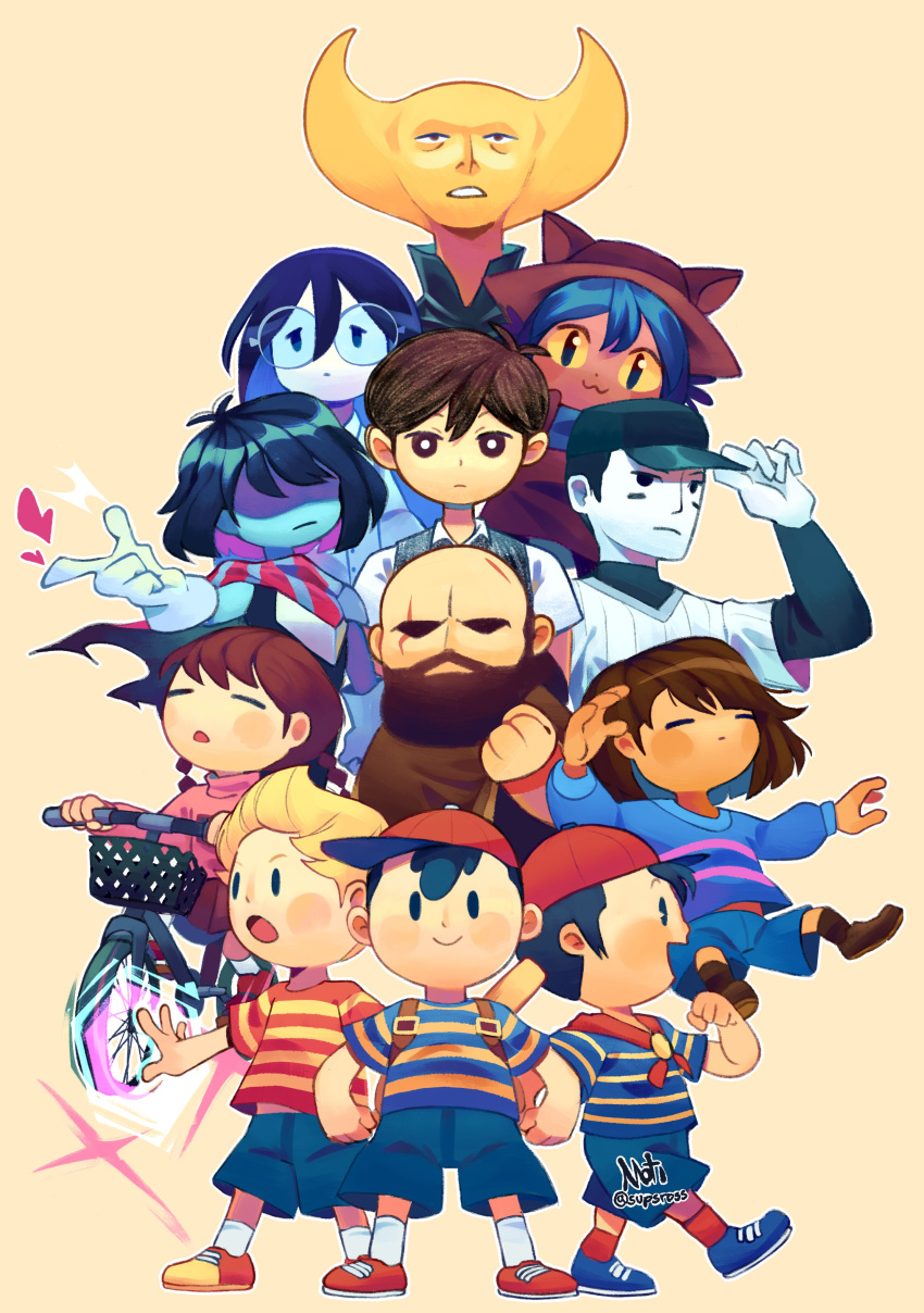 2girls 3others 6+boys :3 =_= absurdres androgynous animal_ears animal_hat armor bald bangs baseball_bat baseball_cap baseball_uniform beard bicycle black_eyes black_hair black_vest blonde_hair blue_footwear blue_hair blue_scarf blue_shorts blue_skin brad_armstrong braid brown_hair cat_ears cat_hat closed_eyes closed_mouth collared_shirt colored_inner_hair colored_sclera colored_skin crossover deltarune escaped_chasm facial_hair frisk_(undertale) glasses gloves ground_vehicle hair_over_eyes hat highres holding hylics kris_(deltarune) lisa_(series) lonely_girl_(escaped_chasm) long_beard long_hair long_sleeves looking_at_viewer lucas_(mother_3) madotsuki mother_(game) mother_1 mother_2 mother_3 multicolored_hair multiple_boys multiple_girls multiple_others ness_(mother_2) niko_(oneshot) ninten off_(game) omori oneshot_(game) open_mouth pink_sweater quiff red_footwear riding riding_bicycle round_eyewear scar scar_across_eye scarf shirt short_hair short_sleeves shorts simple_background slit_pupils smile sportswear striped striped_scarf striped_shirt striped_sweater sunny_(omori) supsross sweater sweater_vest the_batter_(off) trait_connection twin_braids twintails undertale vertical-striped_scarf vertical-striped_shirt vertical_stripes vest wayne_(hylics) white_shirt white_skin yellow_background yellow_eyes yellow_sclera yellow_skin yume_nikki