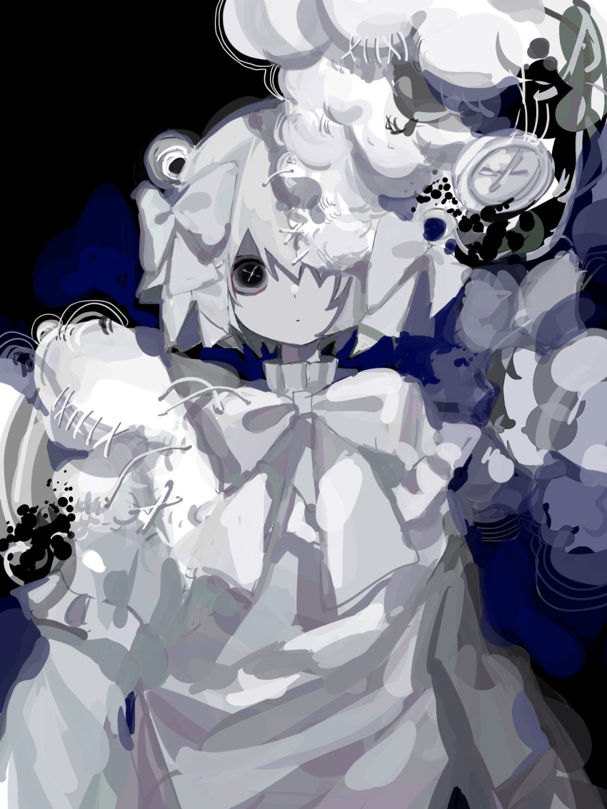 1girl 1other bangs black_background black_eyes bow bright_pupils buttons closed_mouth dot_mouth dress frilled_dress frilled_shirt_collar frills hair_bow hair_over_one_eye hair_rings high_collar highres long_sleeves looking_at_viewer monster neck_ribbon ninomae_(nnme_618) original pale_skin ribbon short_hair straight-on stuffing symbol-shaped_pupils thread upper_body white_bow white_dress white_hair white_pupils white_ribbon wide-eyed x-shaped_pupils