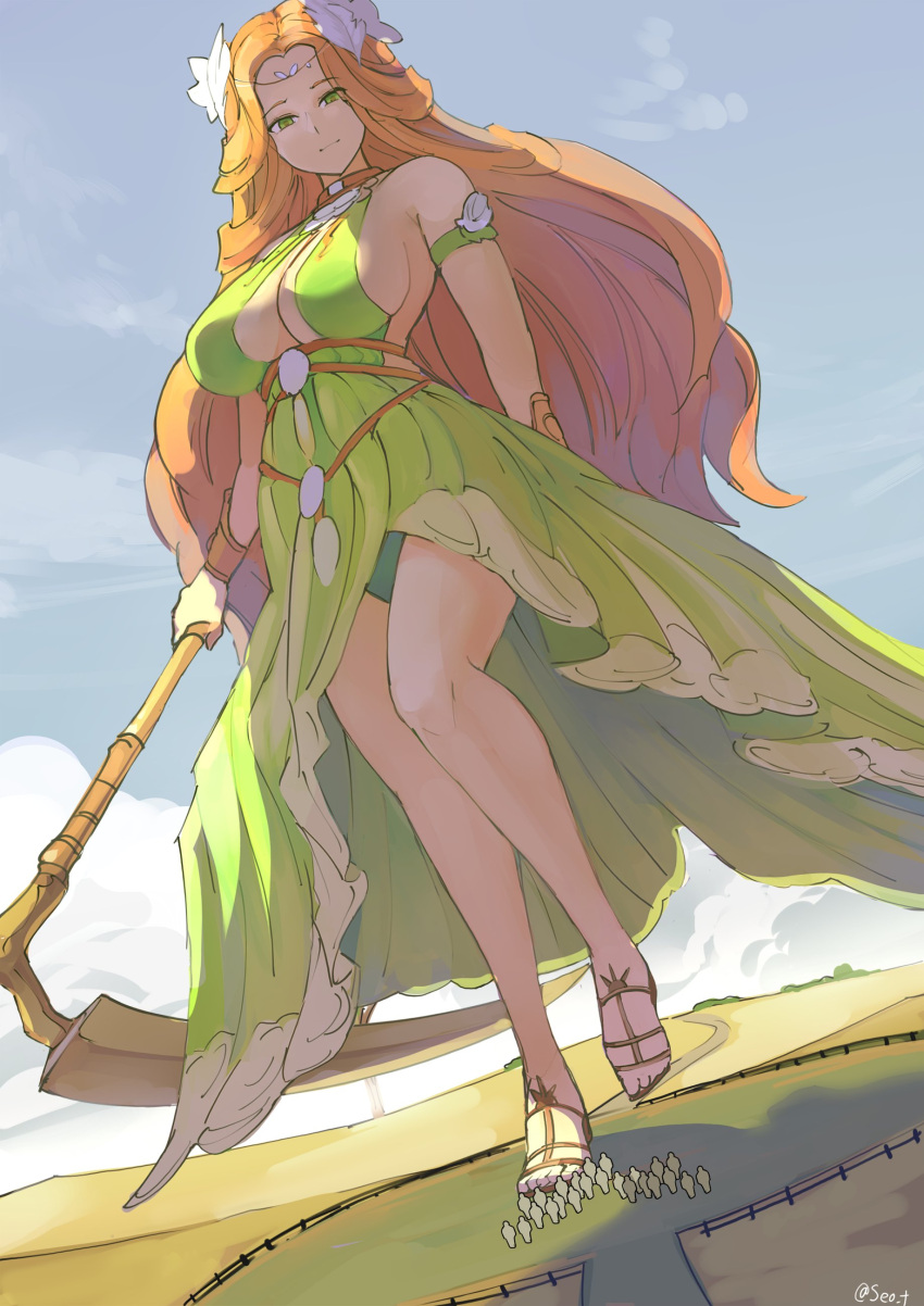 1girl absurdres bracelet breasts cloud day dress feather_hair_ornament feathers final_fantasy final_fantasy_xiv giant giantess green_dress green_eyes green_panties hair_ornament halter_dress halterneck highres holding holding_scythe jewelry large_breasts nophica outdoors panties red_hair scythe seo_tatsuya sky sleeveless sleeveless_dress smile solo_focus standing standing_on_one_leg twitter_username underwear