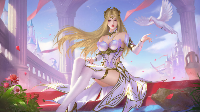 1girl absurdres blonde_hair blue_eyes canyue_yingguang castle closed_mouth douluo_dalu falling_petals flower high_heels highres index_finger_raised long_hair looking_at_viewer petals pillar qian_renxue_(douluo_dalu) railing red_flower red_rose rose second-party_source sitting solo stairs thighhighs thighs white_dove white_thighhighs