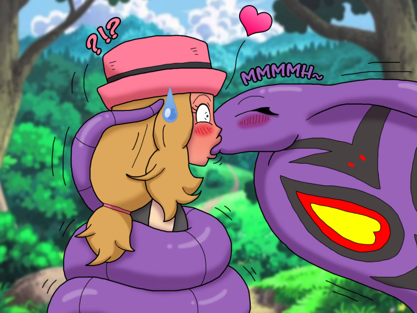 &lt;3 2020 4:3 ?! arbok bestiality blush blushing_profusely bodily_fluids brown_hair clothed clothing cobra coiled_up coiling digital_drawing_(artwork) digital_media_(artwork) duo eyebrows eyes_closed female female/female female_focus feral forced forced_kiss generation_1_pokemon hair hat headgear headwear hi_res holding_head human human_on_feral interspecies kiss_on_lips kissing mammal moan motion_lines nintendo pokemon pokemon_(species) pupils raised_eyebrow reptile scalie serena_(pokemon) serpentine small_pupils snake story story_in_description surprise_kiss sweat sweatdrop sweatdrop_(iconography) the_scale_train