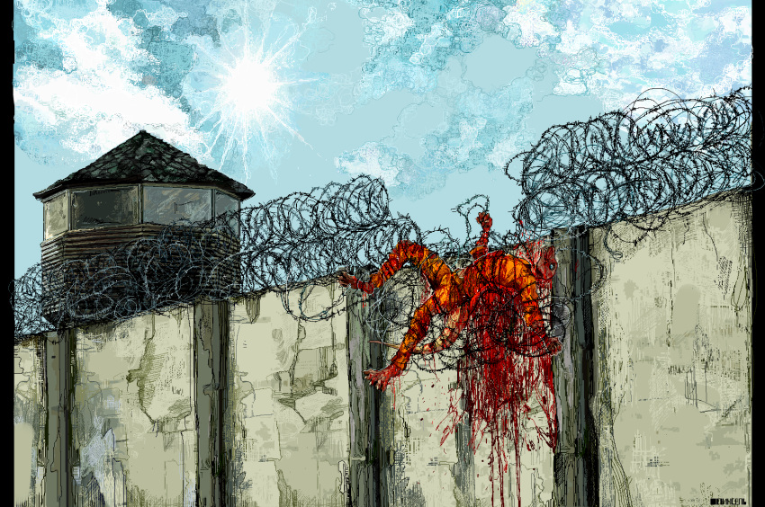 anthro barbed_wire blood bodily_fluids death escape gore hi_res ivan jeffusherb lizard male prison prisoner reptile scalie solo wall_(structure) watchman