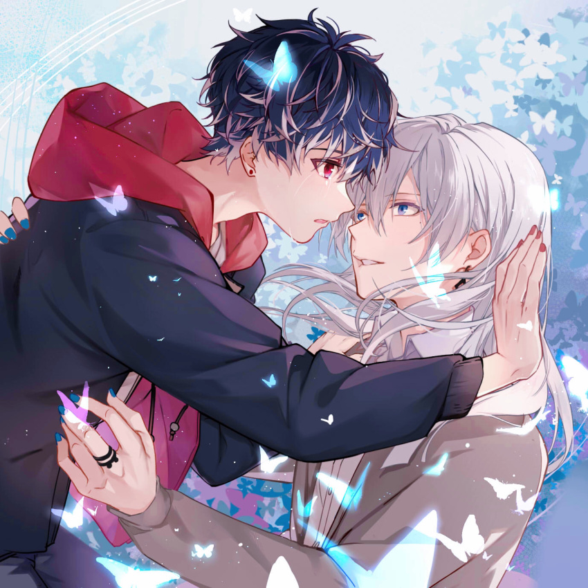 2boys androgynous blue_background blue_butterfly blue_eyes blue_hair blue_nails bug butterfly earrings highres idolish_7 jewelry kabedon long_hair looking_at_another mole mole_under_eye momo_(idolish_7) multicolored_hair multiple_boys nail_polish open_mouth pink_eyes pink_nails re:vale ring seika_(rachael_amber) short_hair stud_earrings white_hair yaoi yuki_(idolish_7)