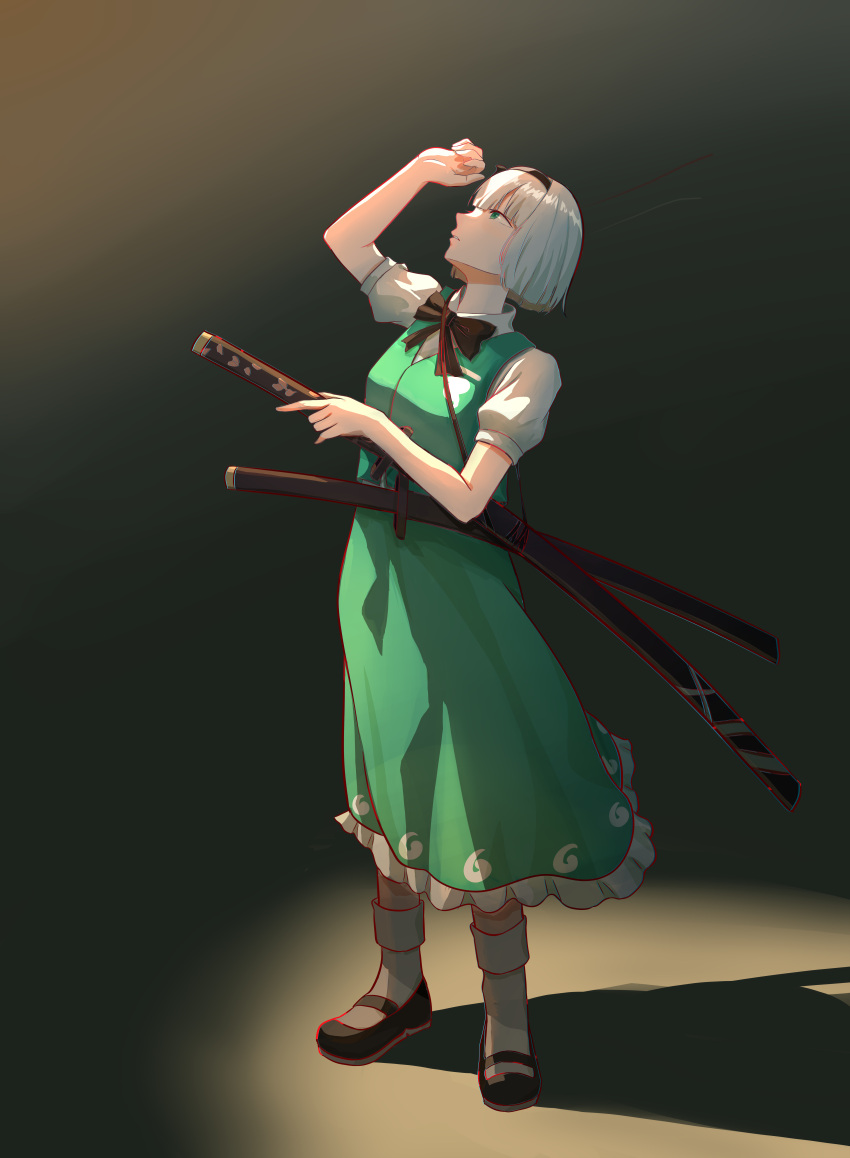 1girl absurdres black_bow black_bowtie black_footwear bob_cut bow bowtie dress green_dress green_eyes grey_background hairband hand_up highres katana konpaku_youmu looking_up shadow short_hair short_sleeves skirt socks solo sword touhou wakizashi weapon white_hair white_socks xiaoming_(pixiv_19522187)