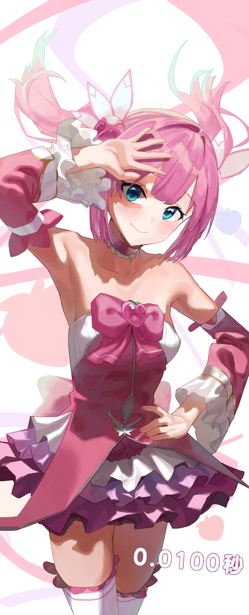 1girl absurdres aqua_eyes armpits bangs bare_shoulders blunt_bangs blush bow chiyoda_momo collarbone commentary detached_sleeves dinsoreprong64 dress food frilled_dress frilled_sleeves frilled_thighhighs frills fruit hand_on_hip hand_on_own_head heart-shaped_ornament highres long_hair looking_at_viewer machikado_mazoku pink_bow pink_dress pink_hair pink_sleeves sidelocks simple_background smile solo standing strawberry thighhighs twintails white_background white_dress wide_sleeves wing_hair_ornament