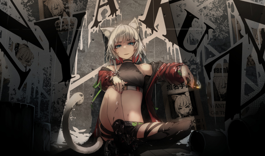 1girl animal_ears bucket cat_ears choker cigarette commission graffiti highres looking_at_viewer midriff milaria original paint parted_lips short_hair sitting smoke solo wanted white_hair