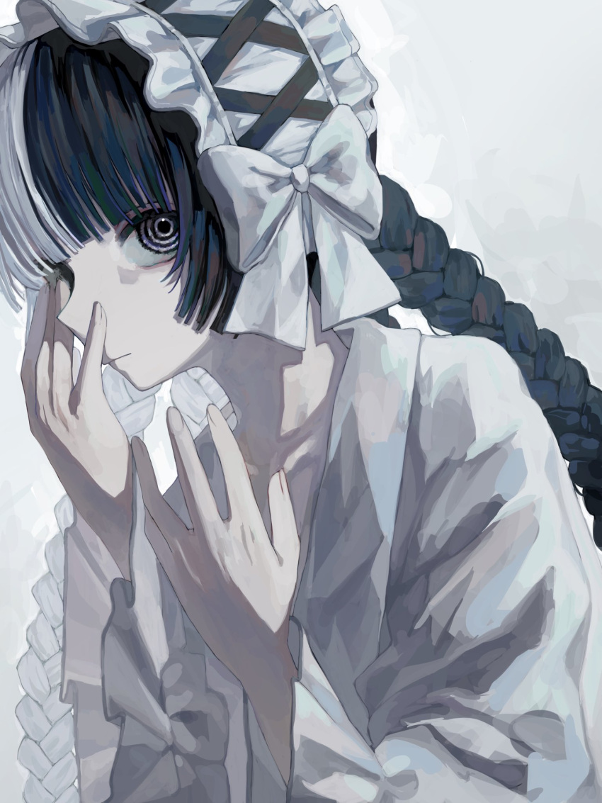 1girl bangs black_eyes black_hair blunt_bangs bow braid collarbone cross-laced_clothes dress expressionless finger_to_eye frilled_hairband frilled_sleeves frills from_side hair_bow hairband hands_up highres long_hair long_sleeves looking_at_viewer looking_to_the_side low-cut multicolored_hair ninomae_(nnme_618) original pale_skin portrait ringed_eyes simple_background solo split-color_hair twin_braids two-tone_hair white_background white_bow white_dress white_eyes white_hair white_hairband