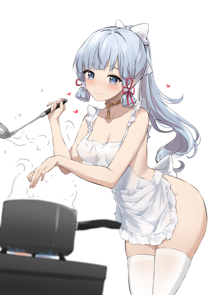 1girl absurdres apron blue_eyes blue_hair blush bow breasts cleavage closed_mouth cooking feint721 fire flame genshin_impact gold_choker grey_hair hair_bow hair_ribbon high_ponytail highres holding holding_ladle kamisato_ayaka ladle leaning_forward light_blue_hair medium_breasts mole mole_under_eye naked_apron ribbon sidelocks simple_background smile solo stove thighhighs thighs tress_ribbon white_background white_thighhighs