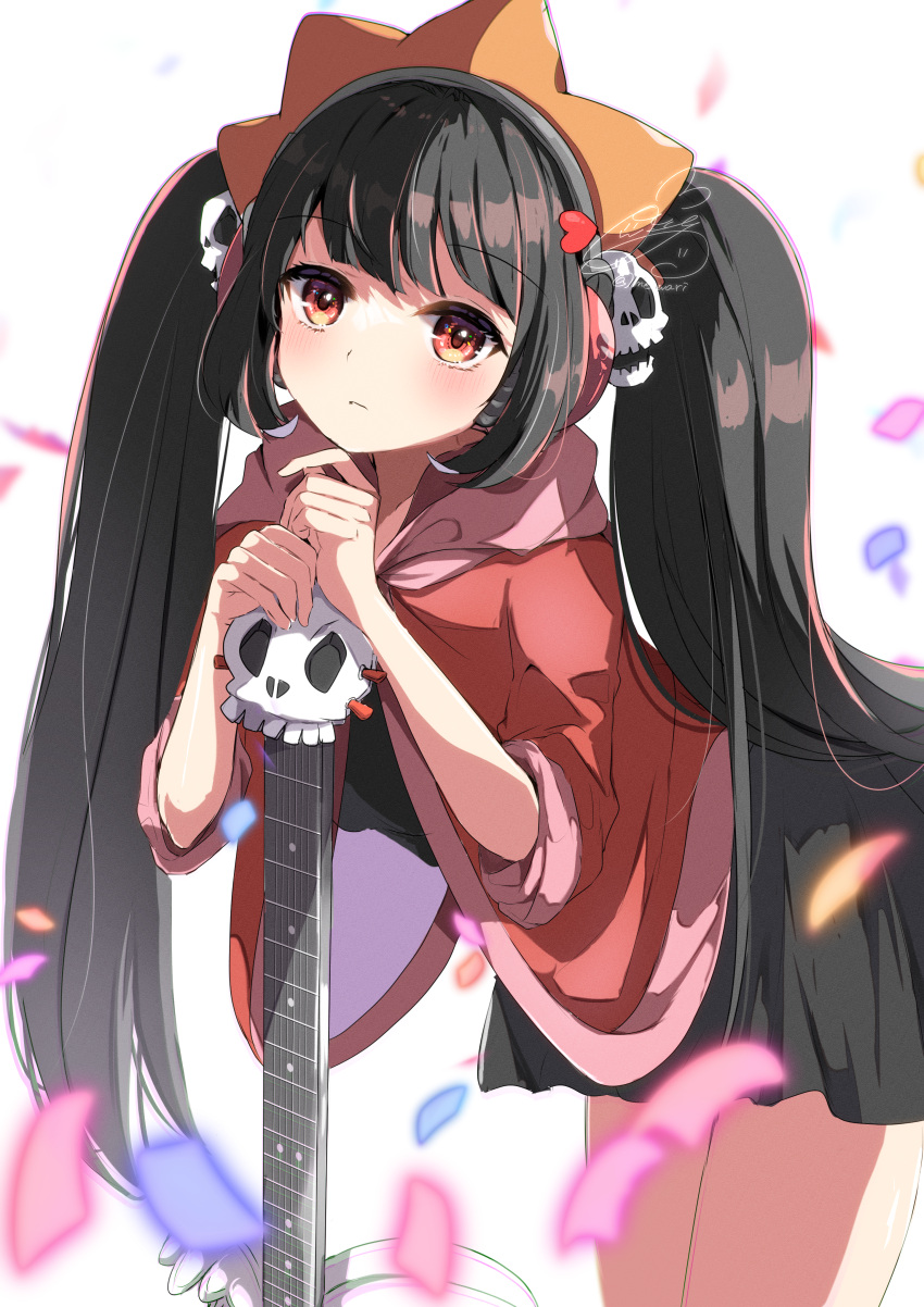 1girl absurdres alternate_costume ashley_(warioware) bangs black_dress black_hair coat crazy_galaxy dress guitar hair_ornament hairband herunia_kokuoji highres instrument long_hair looking_at_viewer red_coat red_eyes signature skull_hair_ornament solo twintails warioware white_background