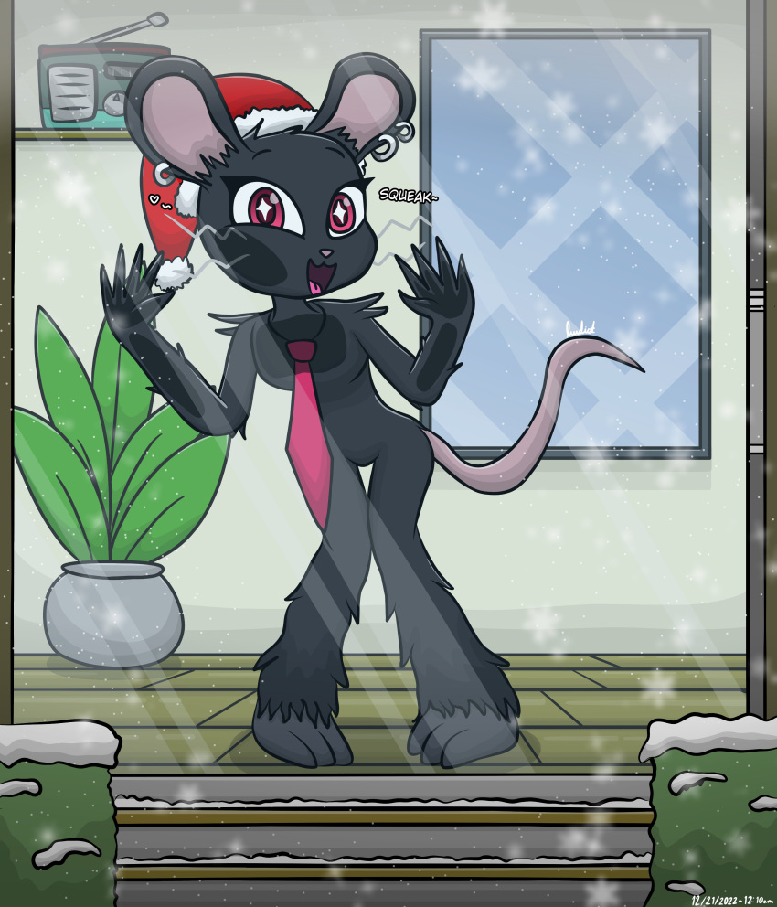 &lt;3 2022 absurd_res against_surface anthro barefoot black_body black_fur bottomless breasts camille_(fortnite) cel_shading christmas christmas_clothing christmas_headwear clothed clothing crooked_whiskers ear_piercing ear_ring featureless_breasts featureless_crotch feet female front_view full-length_portrait fur glass hat headgear headwear hi_res holidays looking_at_viewer lwdist mammal mimikiwi102 mostly_nude multiple_earrings murid murine necktie on_glass onomatopoeia open_:3 open_mouth open_smile piercing pink_eyes pink_nose plant plant_pot portrait potted_plant radio rat red_necktie ring_piercing rodent santa_hat shaded shoulder_tuft signature smile snow solo sound_effects squeaking starry_eyes text topless tuft window winter