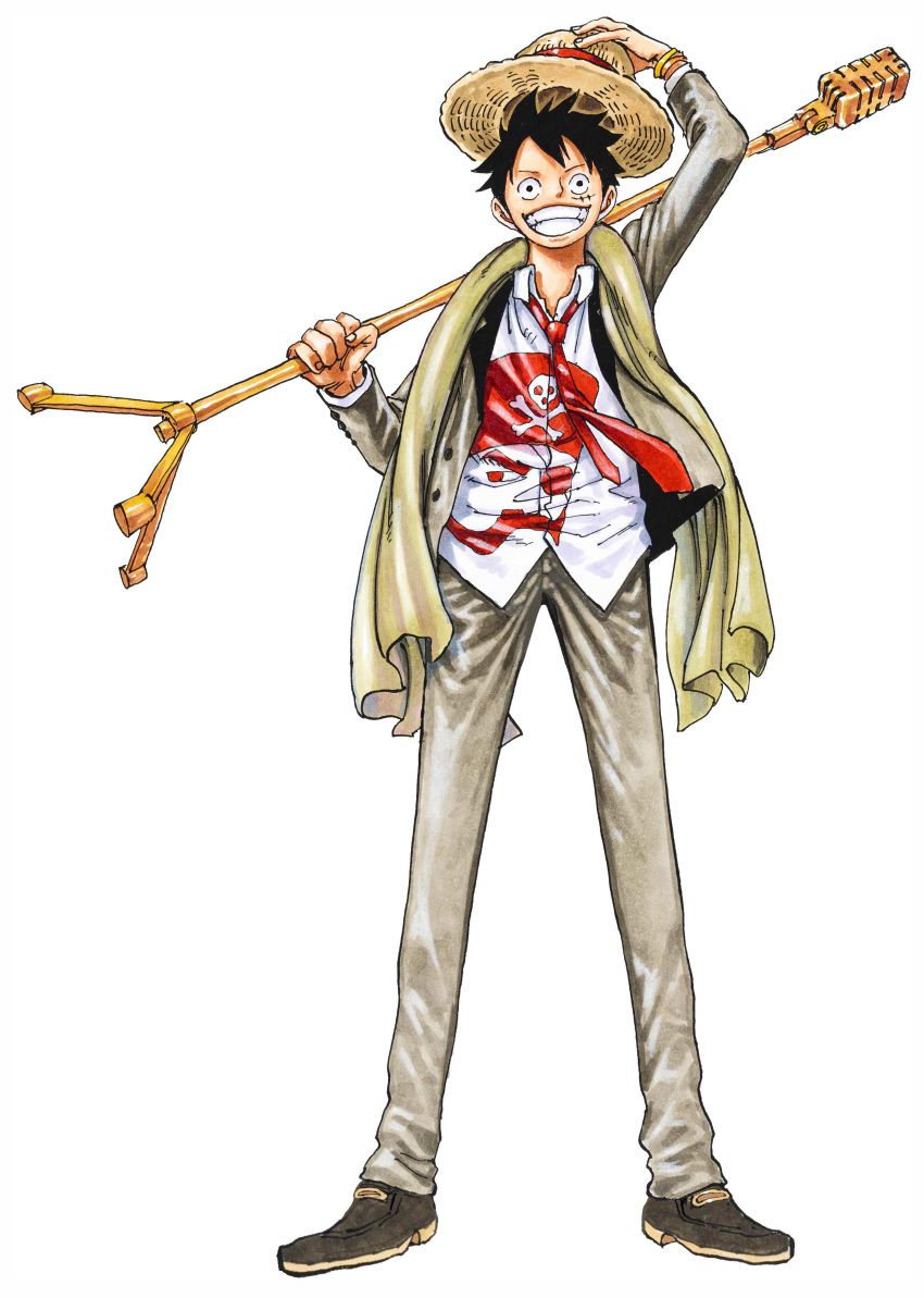 absurdres black_hair bracelet grin hand_on_headwear hat hat_removed headwear_removed highres jacket jewelry looking_at_viewer microphone monkey_d._luffy necktie oda_eiichirou official_art one_piece open_clothes open_jacket pants red_necktie scarf shirt shoes short_hair simple_background smile solo straw_hat white_background white_shirt