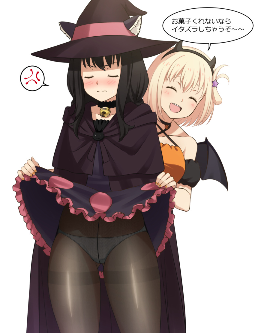 2girls anger_vein angry animal_ears arm_cuffs ass_visible_through_thighs bare_shoulders bat_wings behind_another bell black_cape black_choker black_hair black_pantyhose black_skirt blonde_hair blush cape cat_button cat_ears choker cloak closed_eyes closed_mouth clothes_lift collarbone commentary cross-laced_dress dress embarrassed eyelashes fake_horns fingernails folded_hair frilled_choker frilled_skirt frills furrowed_brow hair_ornament halloween hat hat_with_ears highres horns inoue_takina long_hair lycoris_recoil mibushiro multiple_girls neck_bell nishikigi_chisato one_side_up open_mouth orange_dress panties panties_under_pantyhose pantyhose round_teeth short_hair simple_background skirt skirt_flip skirt_lift smile spoken_anger_vein standing star_(symbol) star_hair_ornament sweat teeth thigh_gap thighs translated trick_or_treat underwear upper_teeth_only v-shaped_eyebrows wavy_mouth white_background wings witch_hat