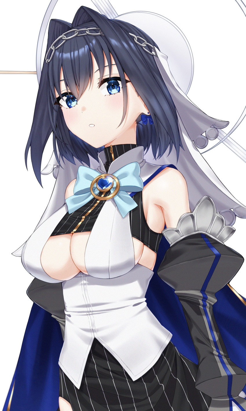 1girl absurdres alternate_breast_size black_shirt black_skirt blue_bow blue_cape blue_eyes blue_gemstone blue_hair blush bow bow_earrings breasts cape cleavage cleavage_cutout clothing_cutout commentary cowboy_shot crop_top detached_sleeves earrings gem hair_intakes head_chain highres hololive hololive_english honeyhoppin jewelry looking_at_viewer medium_breasts miniskirt ouro_kronii parted_lips shirt short_hair simple_background skirt solo standing striped striped_shirt striped_skirt underboob undershirt veil vertical-striped_shirt vertical-striped_skirt vertical_stripes virtual_youtuber white_background white_shirt zipper zipper_pull_tab