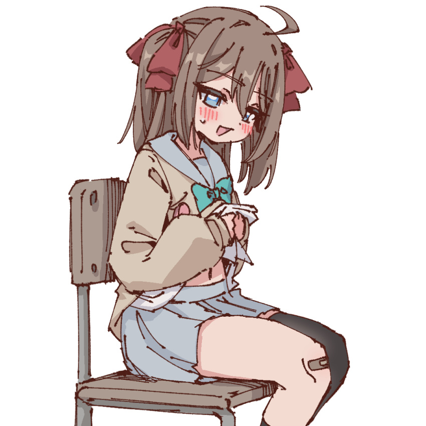 1girl :d ahoge asymmetrical_legwear bandaid bandaid_on_knee bandaid_on_leg black_socks black_thighhighs blouse blue_eyes blush bow bowtie brown_cardigan brown_hair cardigan chair chinese_commentary clothes_lift commentary english_commentary green_bow green_bowtie grey_sailor_collar grey_skirt hair_between_eyes hair_bow indie_virtual_youtuber lifted_by_self long_hair long_sleeves mixed-language_commentary navel neuro-sama on_chair pleated_skirt red_bow rune_(dualhart) sailor_collar school_chair school_uniform serafuku shirt shirt_lift single_sock single_thighhigh sitting skirt smile socks sweatdrop thighhighs transparent_background two_side_up uneven_legwear virtual_youtuber white_serafuku