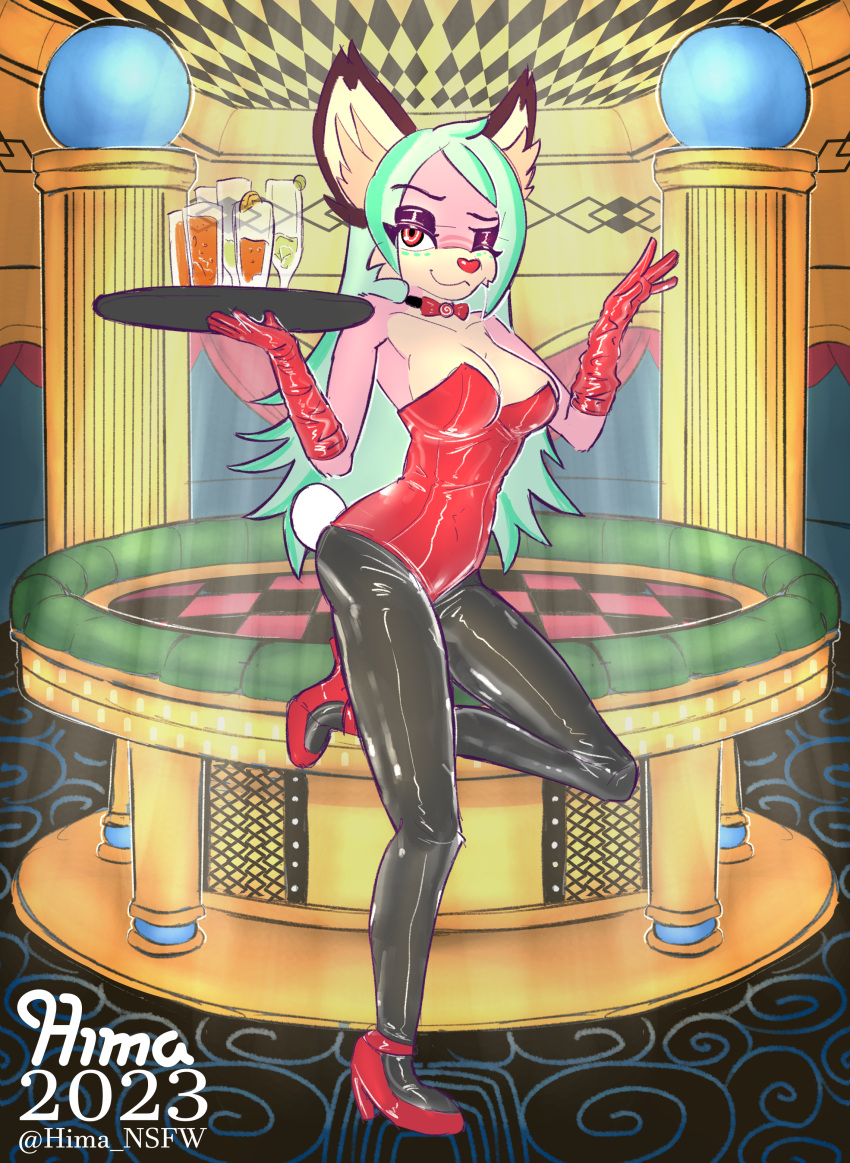 absurd_res anthro beverage bunny_costume canid canine casino casino_table clothing costume eyeshadow female fox fur gloves green_hair hair handwear hi_res hima_nsfw himalaya_(hima_nsfw) latex latex_gloves makeup mammal pink_body pink_fur plate solo tan_body tan_fur