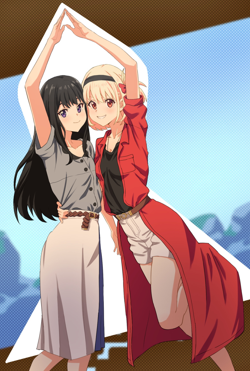 2girls arm_around_waist arms_up bangs black_hair black_hairband black_shirt blue_background blush breast_press breasts brown_background coat commentary eyelashes folded_hair grey_shirt grey_shorts grin hairband heads_together heart heart_hands heart_hands_duo highres hug inoue_takina kadokadokado legs long_hair long_skirt looking_at_viewer lycoris_recoil meme multiple_girls nishikigi_chisato official_style one_side_up polka_dot polka_dot_background purple_eyes red_coat red_eyes sakana~_(meme) shirt short_hair shorts sidelocks skirt small_breasts smile standing standing_on_one_leg straight_hair