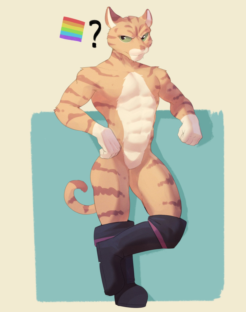 2023 anthro athletic athletic_anthro athletic_male boat domestic_cat dreamworks felid feline felis fur green_eyes hi_res jrjresq lgbt_pride male mammal orange_body orange_fur pride_colors puss_in_boots_(dreamworks) puss_in_boots_(film) puss_in_boots_the_last_wish rainbow_flag rainbow_pride_flag rainbow_symbol solo striped_body striped_fur stripes vehicle watercraft