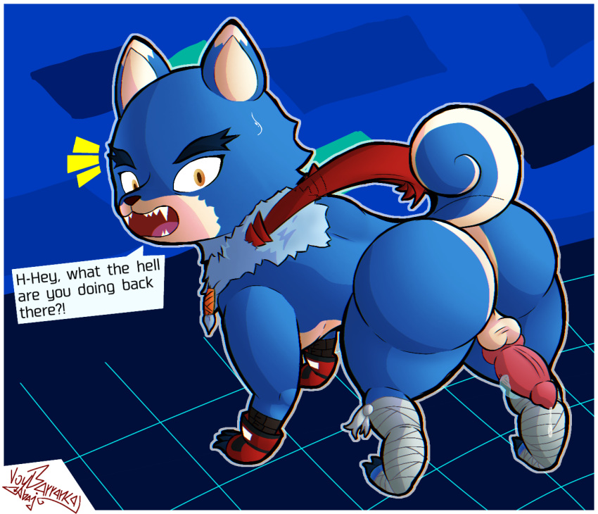 animal_genitalia animal_penis balls bandai_namco big_butt blue_body blue_fur bodily_fluids boxing_gloves bubble_butt butt butt_focus canid canine canine_penis canis claws clothing dialogue digimon digimon_(species) digital_media_(artwork) digitigrade disembodied_hand english_text erection fangs feral fur gaogamon genital_fluids genitals handwear hi_res holding_penis knot looking_back male mammal multicolored_body multicolored_fur outline penis precum rear_view solo speech_bubble suprised_look surprise sweat sweatdrop teeth text thick_thighs tuft voy_barranca_abajo white_body white_fur yellow_eyes