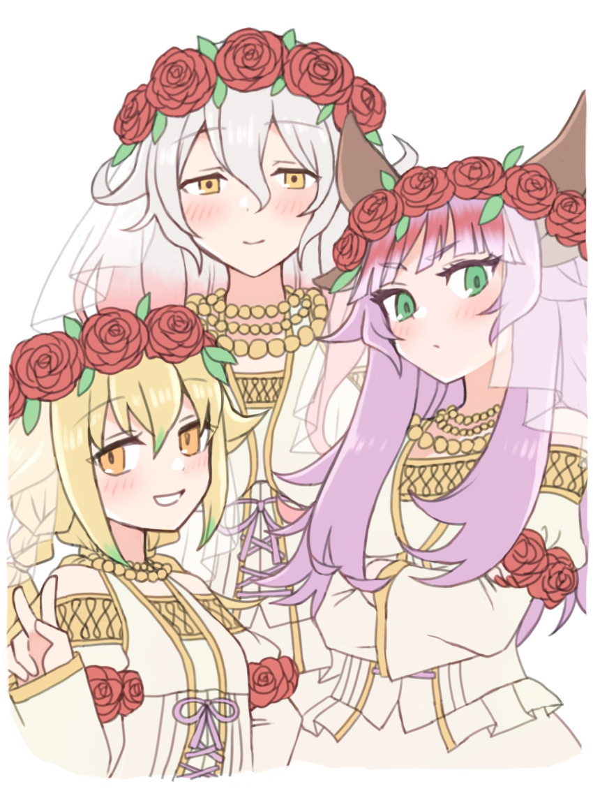 3girls apo_518 aqua_eyes aqua_pupils bangs blonde_hair braid bridal_veil brown_horns closed_mouth dragon_girl dragon_horns dress elsje_(rune_factory) eyelashes gradient_hair green_hair grey_hair hair_between_eyes hand_up head_wreath highres horns jewelry juliet_sleeves leaf light_purple_hair livia_(rune_factory) long_sleeves multicolored_hair multiple_girls multiple_horns multiple_necklaces necklace orange_eyes orange_pupils pink_hair puffy_sleeves purple_ribbon radea_(rune_factory) red_hair ribbon rune_factory rune_factory_5 see-through simple_background smile twin_braids two-tone_hair v veil wedding_dress white_background white_dress yellow_eyes