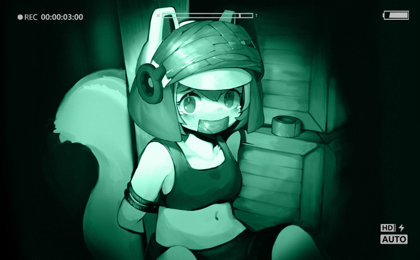 1girl absurdres arknights arms_behind_back bangs battery_indicator blush breasts crate crop_top english_text gag helmet highres improvised_gag lightning_bolt_symbol looking_at_viewer menthako midriff navel night_vision recording restrained rope shaw_(arknights) short_hair shorts sitting small_breasts solo squirrel_tail tail tape tape_gag tearing_up visor_(armor)