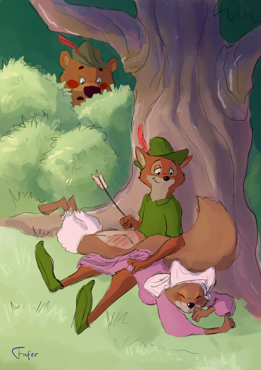 arrow_(weapon) barefoot bear being_watched blush bottomless butt butt_slap canid canine canon_couple clothed clothing disney feet female fox fufer hand_on_hip hi_res little_john looking_at_another looking_pleasured love maid_marian male mammal paws plantigrade ranged_weapon robin_hood robin_hood_(disney) slap smile spanking toes weapon