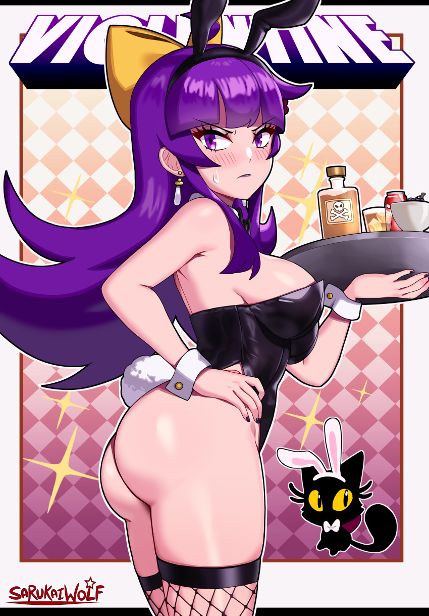 1girl absurdres animal_ears ass black_leotard black_nails blush bottle bow bowl breasts cat closed_mouth earrings fake_animal_ears fishnet_thighhighs fishnets gothic hair_bow hand_on_hip highres holding holding_tray jewelry large_breasts leotard original playboy_bunny purple_eyes purple_hair purple_lips rabbit_ears rabbit_tail sarukaiwolf solo tail thighhighs tray v-shaped_eyebrows violentine_(sarukaiwolf) wrist_cuffs yellow_bow