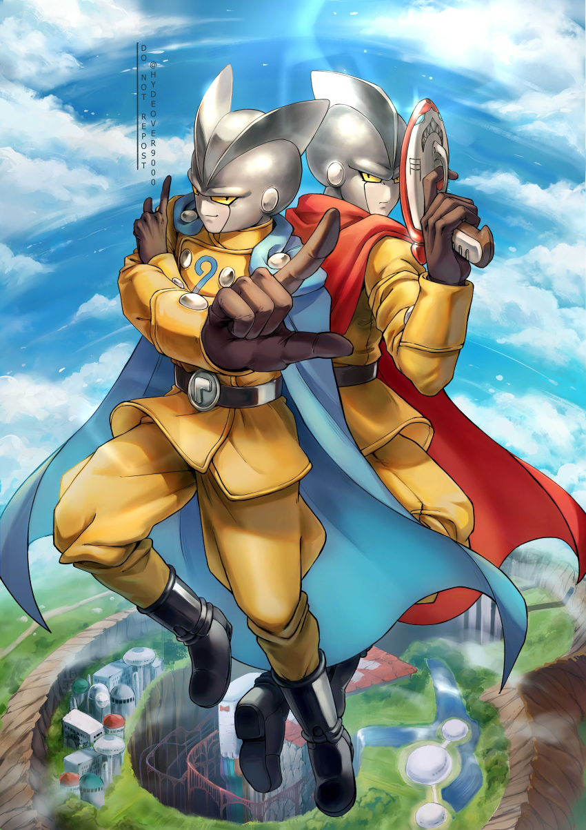 2boys absurdres artist_name back-to-back belt belt_buckle black_belt black_footwear black_gloves blue_cape blue_sky boots buckle building buttons cape city closed_mouth cloud colored_sclera commentary day dragon_ball dragon_ball_super dragon_ball_super_super_hero energy_gun english_commentary flying full_body gamma_1 gamma_2 gloves gun hand_up hands_up highres holding holding_gun holding_weapon hydeover9000 jacket long_sleeves looking_back male_focus mountain multiple_boys outdoors pants ray_gun red_cape river serious sky smile smirk twitter_username watermark weapon yellow_jacket yellow_pants yellow_sclera