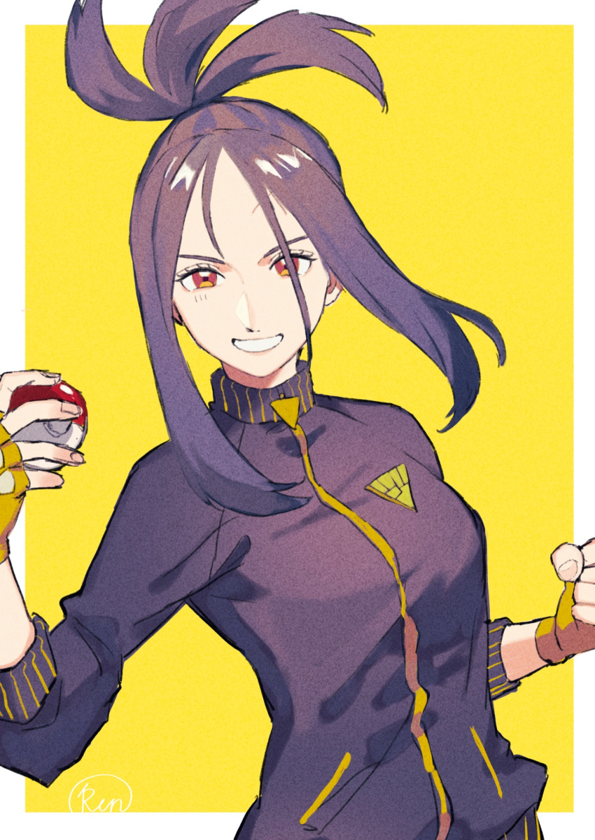 1girl black_hair black_jacket dendra_(pokemon) fingerless_gloves gloves grin highres holding holding_poke_ball jacket long_hair looking_at_viewer poke_ball poke_ball_(basic) pokemon pokemon_(game) pokemon_sv runteya scar scar_on_face scar_on_forehead smile solo track_jacket yellow_background yellow_gloves