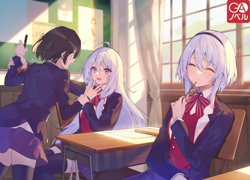 3girls ahoge amnesia_(majo_no_tabitabi) bangs black_hair black_thighhighs classroom elaina_(majo_no_tabitabi) grey_hair hair_between_eyes highres long_hair majo_no_tabitabi multiple_girls neck_ribbon necomi official_alternate_costume purple_eyes ribbon saya_(majo_no_tabitabi) school_uniform short_hair sidelocks sitting thighhighs white_hair