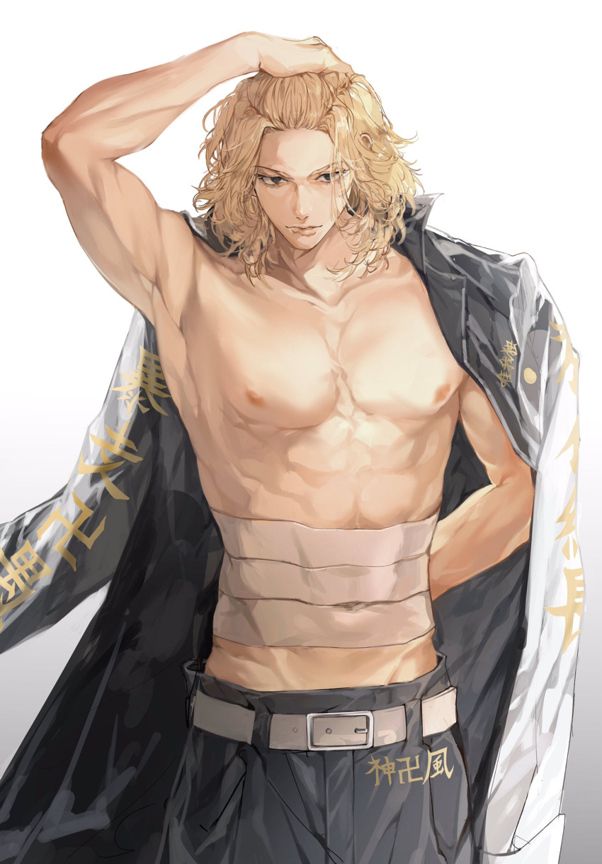 1boy abs arm_up belt black_coat black_eyes black_pants blonde_hair closed_mouth coat coat_on_shoulders collarbone cowboy_shot gradient_clothes hand_on_own_head highres looking_at_viewer male_focus medium_hair midriff_sarashi pants pectorals sano_manjirou sarashi simple_background solo standing tokyo_revengers topless_male unelamain white_background white_belt white_coat