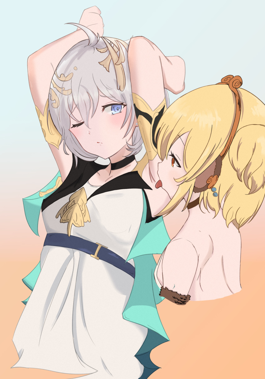 1potatobig1 2girls absurdres ahoge andira_(granblue_fantasy) armpits blonde_hair blue_eyes granblue_fantasy grey_hair hairband highres licking licking_armpit multiple_girls short_hair tongue tongue_out yuni_(granblue_fantasy)