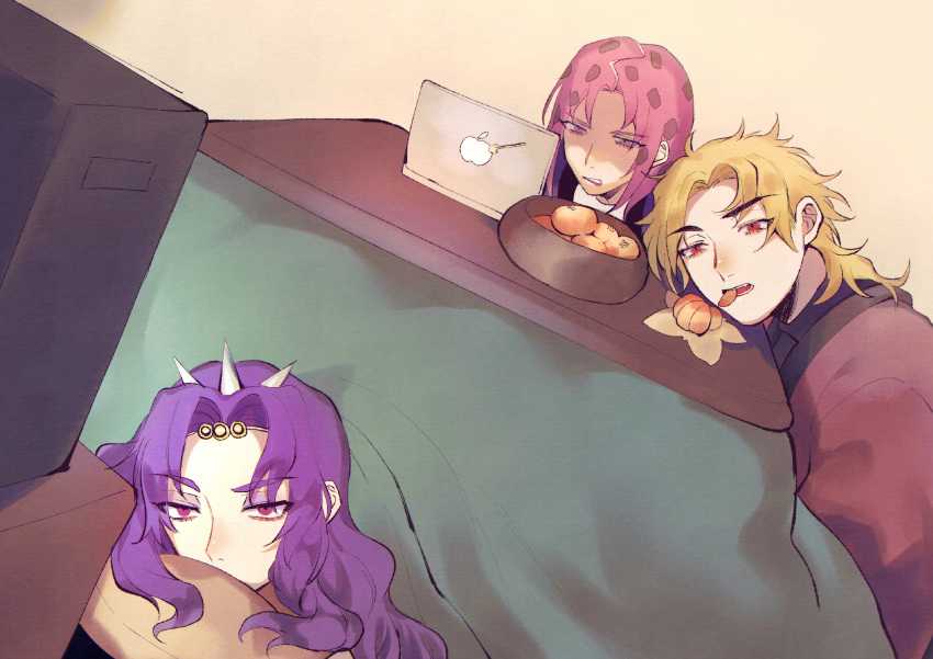 3boys absurdres apple_inc. bangs battle_tendency blonde_hair bowl computer covered_mouth diavolo dio_brando eating food food_in_mouth frown fruit head_rest highres horns jojo_no_kimyou_na_bouken kars_(jojo) kotatsu logo_parody long_hair male_focus mandarin_orange mouth_hold multiple_boys multiple_horns orange_(fruit) parted_bangs pillow pink_hair purple_eyes purple_hair red_eyes shaded_face spotted_hair stardust_crusaders table television under_kotatsu under_table vento_aureo watching_television yashio_kurenai