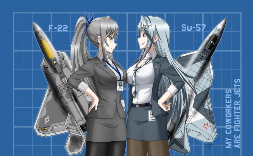 2girls aircraft airplane airplane_hair_ornament belt black_belt black_nails black_pantyhose blue_skirt blue_suit breast_press breasts brown_eyes brown_pantyhose collared_shirt earrings english_text f-22_raptor fighter_jet formal grey_hair grey_skirt grey_suit hair_ornament highres id_card jet jewelry large_breasts long_hair looking_at_another military military_vehicle miniskirt multiple_girls necktie office_lady original pantyhose personification ponytail red_eyes shirt sidelocks skirt skirt_suit standing su-57 suit symmetrical_docking very_long_hair white_shirt zero_(73ro)