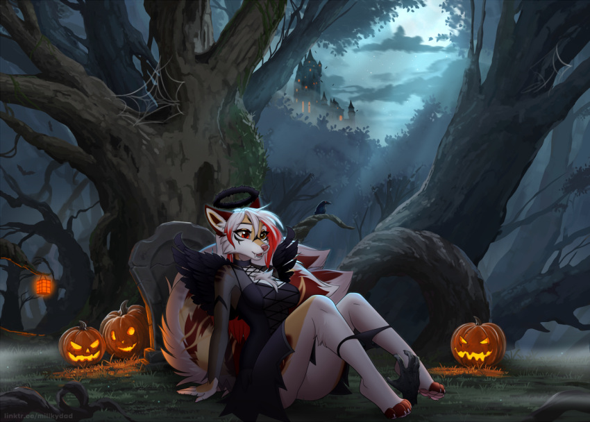 2022 amazing_background anthro avian barefoot biped bird black_clothing black_dress black_panties black_underwear breasts castle claws clothed clothing cloud dead_tree detailed_background digital_media_(artwork) dress fangs feet felid female female_focus fur grass hair halloween halo heterochromia hindpaw holidays jack-o'-lantern lamp lantern mammal millkydad multicolored_hair orange_eyes outside panties panties_down partially_clothed pawpads paws pink_nose pink_pawpads plant red_eyes red_hair sabertooth_(anatomy) shaded sitting sky solo_focus spider_web tan_body tan_fur teeth text toe_claws tombstone tree two_tone_hair undead underwear underwear_down url white_body white_fur white_hair wings zombie