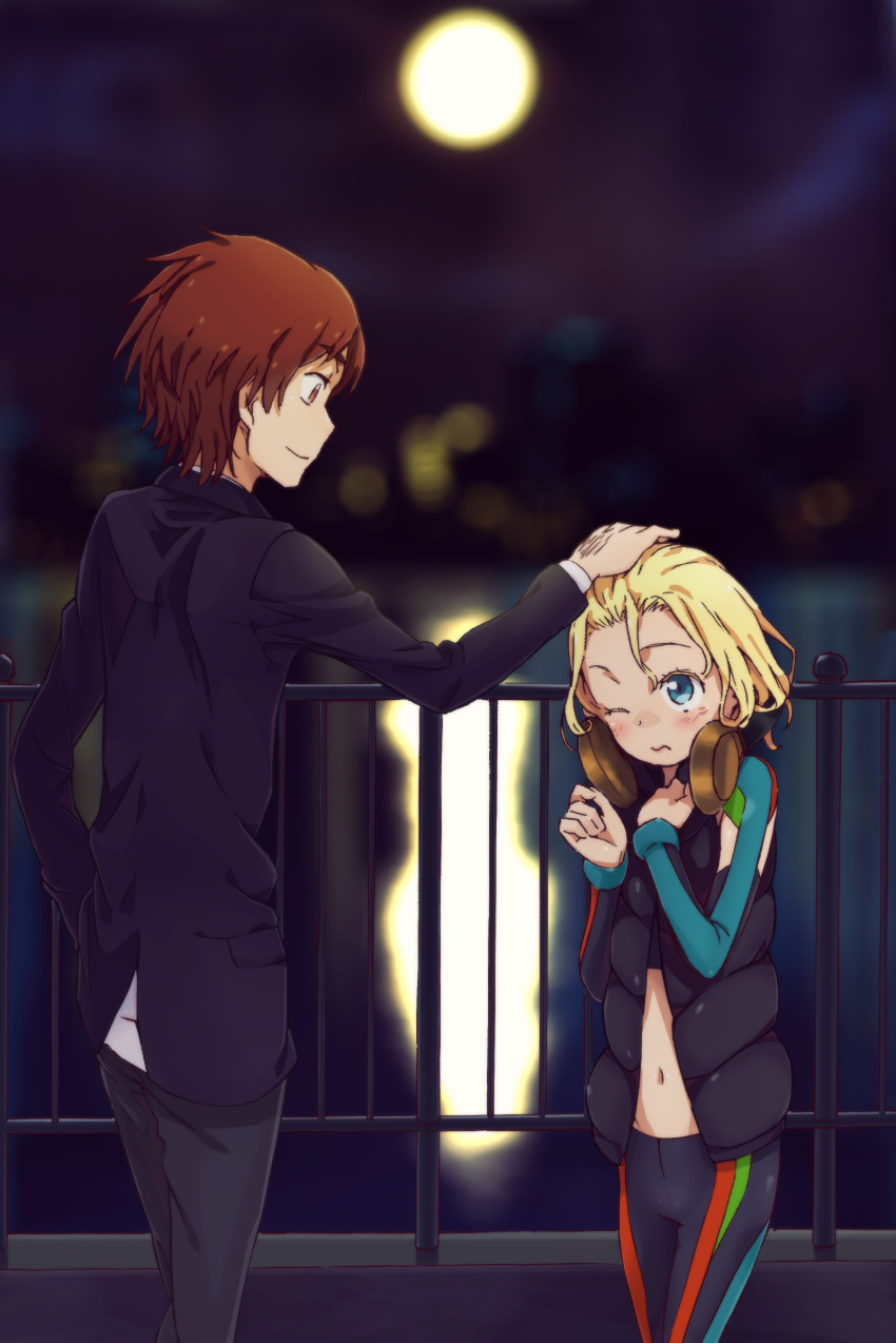 1boy 1girl absurdres age_difference black_jacket black_pants black_vest blonde_hair blue_eyes blurry blurry_background blush brown_eyes brown_hair building business_suit child city_lights closed_mouth cloud cloudy_sky colorized commentary feet_out_of_frame female_child formal from_side full_moon gazing_eye glowing glowing_windows grey_pants haimura_kiyotaka hand_in_pocket hand_on_own_chest hand_up hands_up headpat headphones headphones_around_neck height_difference highres jacket kamisato_kakeru long_sleeves looking_at_another medium_hair moon moonlight multicolored_sleeves navel night night_sky novel_illustration official_art one_eye_closed outdoors pants patricia_birdway reflection reflective_water river shirt short_hair sky smile spandex spoilers standing stomach suit toaru_majutsu_no_index toaru_majutsu_no_index:_new_testament track_suit vest water white_shirt