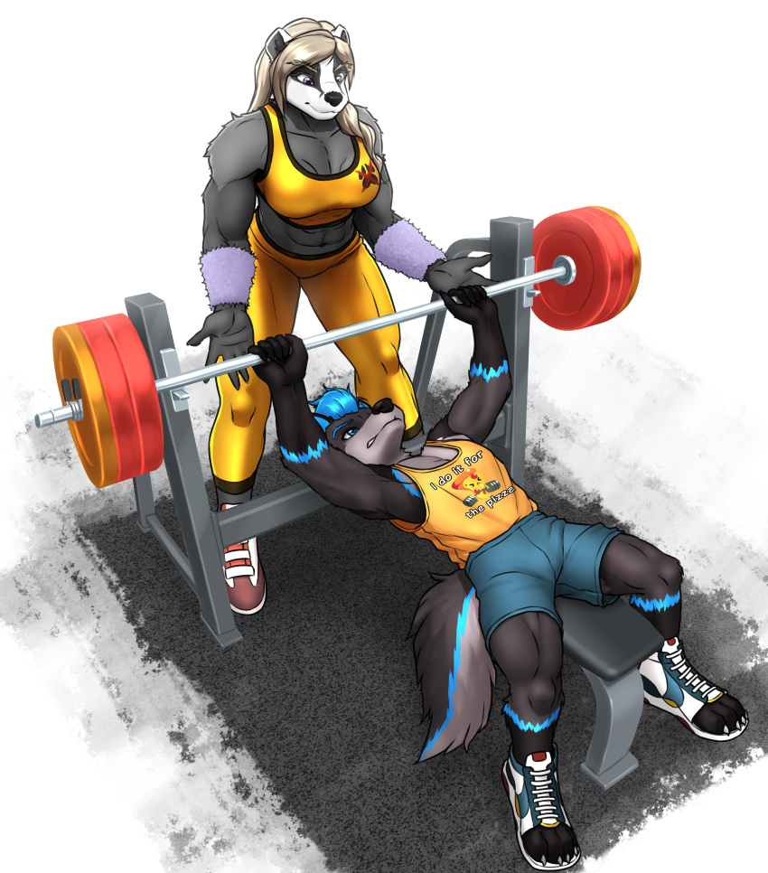 4_toes 5_fingers abs absurd_res anthro athletic athletic_anthro athletic_female athletic_male badger barbell bench_press black_body black_fur blonde_hair blue_body blue_eyes blue_fur blue_hair boots_(marking) bottomwear breasts canid canine canis cleavage clothed clothing digital_media_(artwork) duo exercise eyebrow_through_hair eyebrows feet female fingers footwear fox fur gloves_(marking) gym_bottomwear gym_clothing gym_equipment gym_shorts hair hi_res hybrid legwear liz_(mykegreywolf) male mammal markings midriff multicolored_body multicolored_fur muscular muscular_female muscular_male mustelid musteline mykegreywolf nimbus pants purple_eyes shoes shorts smile spotting toes topwear translucent translucent_hair weight_bench weightlifting weights wolf workout wristband