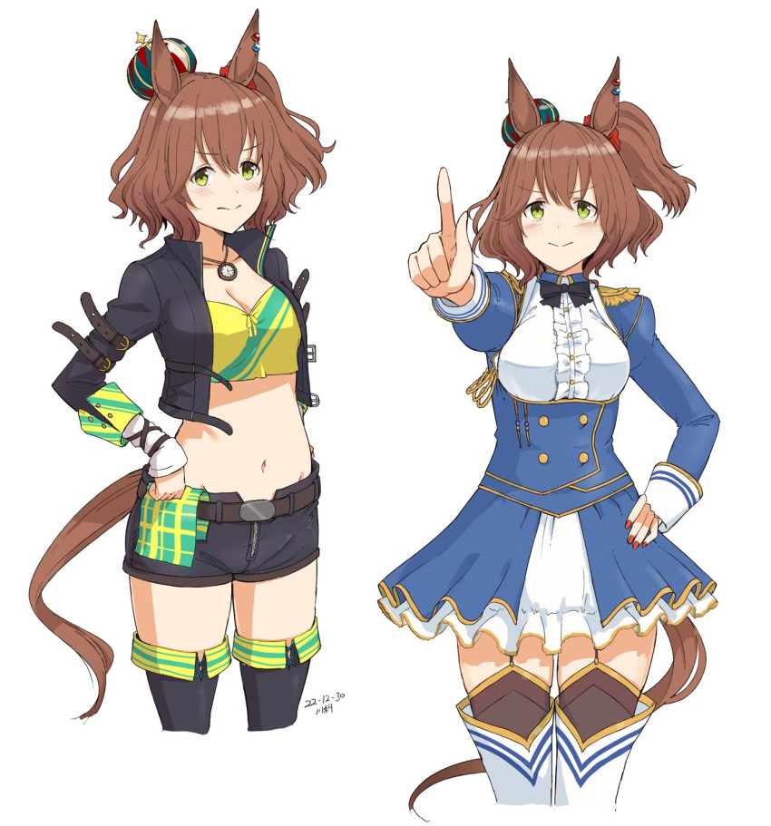 1girl :&gt; aiguillette animal_ears ankle_boots artist_name aston_machan_(umamusume) belt black_footwear black_jacket black_shorts black_thighhighs blue_bow blue_bowtie blue_jacket blue_skirt blush boots bow bowtie breasts brown_hair buttons center_frills cleavage clock_necklace cosplay cowboy_shot crop_top cropped_legs crown daiwa_scarlet_(umamusume) daiwa_scarlet_(umamusume)_(cosplay) dated double-breasted epaulettes framed_breasts frilled_shirt frills garter_straps green_eyes highres horse_ears horse_girl horse_tail index_finger_raised jacket juliet_sleeves kawashina_(momen_silicon) large_breasts layered_skirt long_sleeves looking_at_viewer midriff mini_crown multiple_views navel overskirt pleated_skirt puffy_sleeves shirt short_hair short_shorts shorts simple_background skirt tail thigh_boots thighhighs trait_connection umamusume underbust vodka_(umamusume) vodka_(umamusume)_(cosplay) white_background white_footwear white_shirt white_skirt