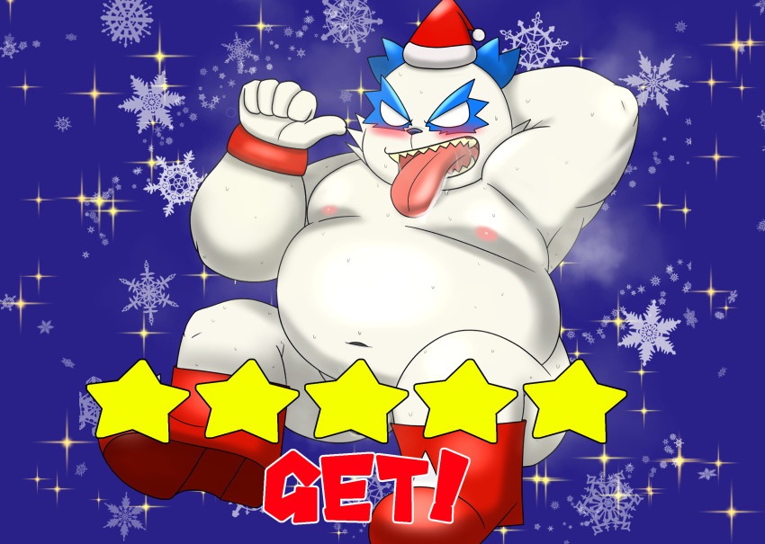 2022 anthro bear belly bemani big_belly blue_background blue_body blue_fur bodily_fluids boots cheek_tuft christmas christmas_clothing christmas_headwear clothing convenient_censorship english_text facial_tuft footwear fur giant_panda hand_behind_head hat headgear headwear hi_res holidays konami male mammal moobs navel nipples nude open_mouth overweight overweight_male pandeth_(pop'n_music) pop'n_music rhydon0508 santa_hat sharp_teeth simple_background snowflake solo sparkles spiked_boots spiked_clothing spiked_footwear spikes star sweat teeth text tongue tongue_out tuft white_body white_fur wristband