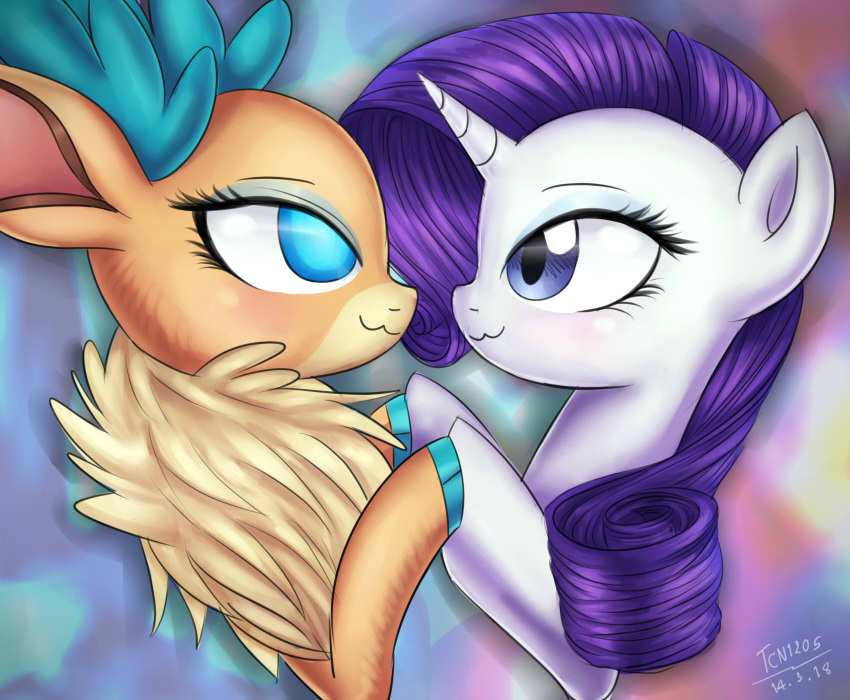 :3 antlers blue_antlers blue_hooves blush capreoline countershade_face countershading crossover deer duo equid equine eye_contact eyelashes eyeshadow female female/female feral friendship_is_magic fur hair hasbro hi_res holding_hooves hooves horn looking_at_another makeup mammal my_little_pony no_pupils pupils purple_hair rarity_(mlp) reindeer square_crossover tan_body tan_fur tcn_tancha them's_fightin'_herds unicorn velvet_reindeer_(tfh) white_body