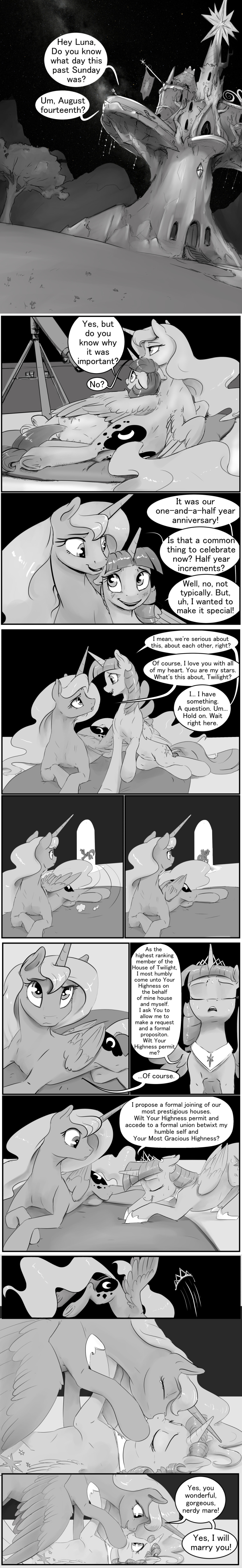 2016 absurd_res bodily_fluids castle comic crying dialogue digital_media_(artwork) duo english_text equid equine female female/female feral friendship_is_magic greyscale hasbro hi_res horn jewelry kiss_on_lips kissing long_image mammal marriage_proposal monochrome my_little_pony princess_luna_(mlp) princess_twilight_sparkle_(mlp) quadruped regalia silfoe speech_bubble tall_image tears tears_of_joy text twilight_sparkle_(mlp) winged_unicorn wings