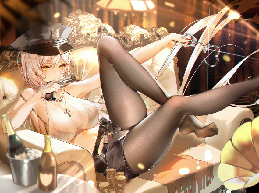1girl absurdres azur_lane bangs bare_shoulders bikini bikini_top_only bikini_under_clothes black_headwear black_pantyhose black_shorts blurry bottle breasts coin covered_mouth crop_top cross cross_necklace cuffs depth_of_field feet floating_hair foot_out_of_frame foot_up gloves gold_coin gun handcuffs handgun hat highres holding holding_gun holding_handcuffs holding_weapon ice indoors jewelry kirov_(azur_lane) lamp large_breasts leg_up legs long_hair looking_at_viewer necklace pantyhose peaked_cap phonograph police_hat reclining see-through see-through_legwear short_shorts shorts sideboob sidelocks sitting solo swimsuit thighs very_long_hair weapon white_gloves xiongshouji yellow_eyes zipper zipper_pull_tab